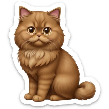 cinematic-[brown persian cat]-realistic-full-body-sitting-emoji,-tail-curled-playfully-around-its-paws,-head-tilted-dramatically,-fluffy-[brown]-fur,-simplified-yet-realistic-focused-features,-highly-detailed,-glowing-with-an-almost-sarcastic-glow sticker