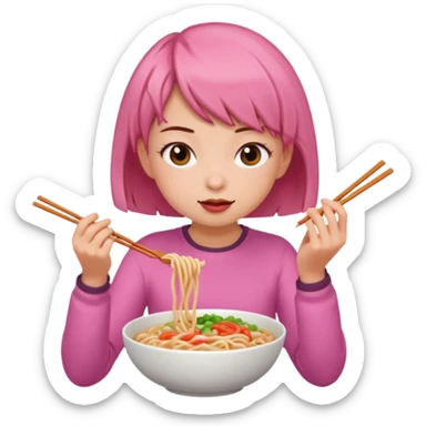 Pink girl eating noodle with brown hair short sticker