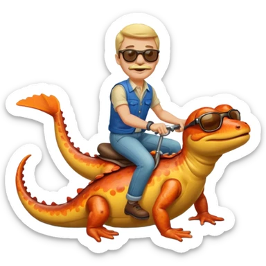 Mustachioed man with sunglasses riding a salamander on a river sticker