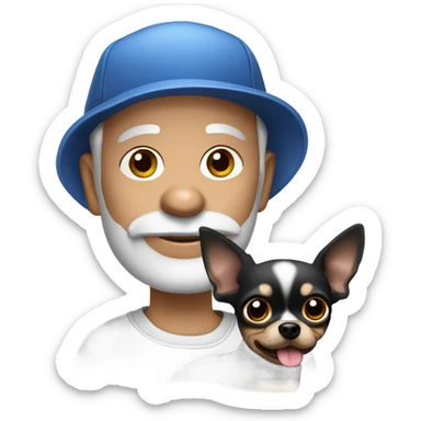 Old man with blue eyes and gray goatee in ball cap holding black long haired chihuahua  sticker