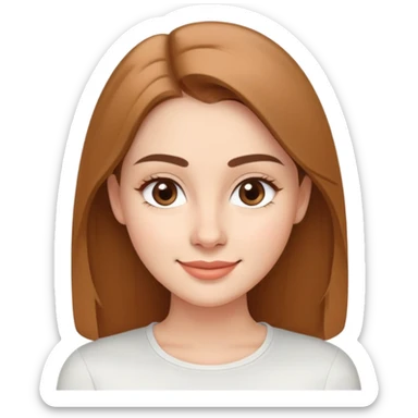 Young woman in her 20s with oval face, soft features, friendly bright smile, large light brown eyes, defined eyebrows, straight nose, medium lips, long straight light brown hair, wearing a white top sticker