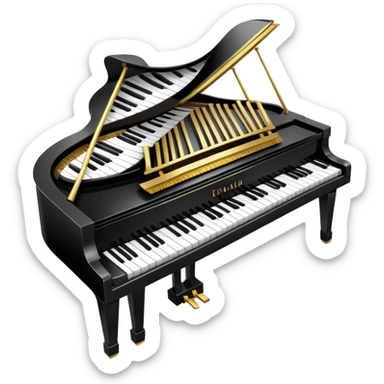 Create an elegant and festive emoji collage representing keyboard instruments, styled like a heraldic emblem. The design should feature a central focal point of black and white piano keys, arranged in a semi-circular or shield-like shape. Around the piano keys, add intertwining musical notes that form flowing ribbons, creating a dynamic and celebratory atmosphere. The design should be professional, with polished silver and gold accents on the keys and notes, highlighting the luxury and sophistication of the instruments. Add subtle shading and lighting effects to give the design a refined, 3D appearance. The background should remain transparent, and the overall feel should evoke grandeur, artistry, and a sense of celebration. sticker
