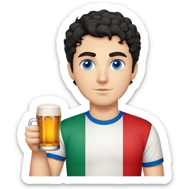white guy thick eyebrows blue eyes with short curly black hair holding beer wearing a shirt with the italian flag sticker