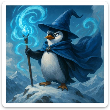 a heroic penguin wizard with a flowing cape, icy blue magic swirling around, standing on a snowy mountain sticker
