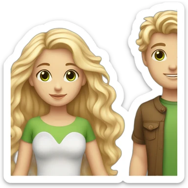 “blonde girl with tan skin and blue eyes” holding hands with “tan boy with long curly brown hair and green eyes” sticker