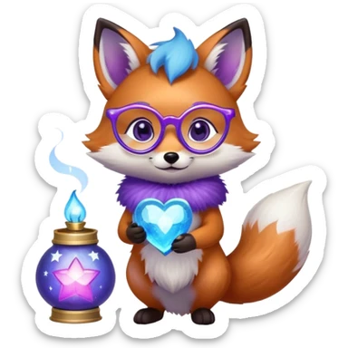 A small magical fox with shimmering purple and blue fur, a glowing fluffy tail, a silver star on its forehead, and round glasses, holding a tiny magical lantern, with heart-shaped eyes, looking in love. 🦊😍 sticker