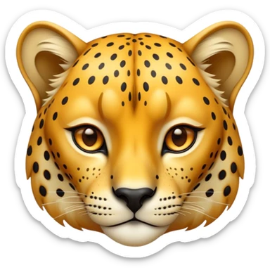 Cinematic Noble Cheetah Portrait Emoji, Poised and regal, with a lean, muscular build and a sleek, spotted Fur of golden hues, deep-set soulful amber eyes, Simplified yet sharp and sophisticated features, highly detailed, glowing with a warm, dignified glow, high shine, intelligent and swift, stylized with an air of wild elegance, focused and attentive, soft glowing outline, capturing the essence of a watchful and confident predator, so majestic it feels as though it could sprint out of the screen with effortless authority! sticker
