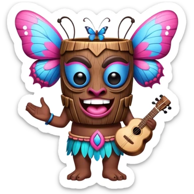 Cartoon Blue and pink tiki singing with butterfly and bongos sticker