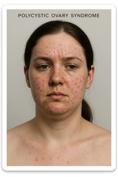 realistic 3D medical portrait of a woman with polycystic ovary syndrome (PCOS), with visible acne and hair under chin, clinical style, anatomical details, 2:3 aspect ratio sticker