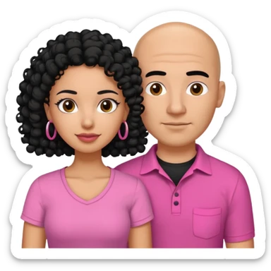 A picture if a couple. the man is a Mexican man with  black hair, a bald hair cut and black shirt on. the woman is mixed with black and white, with curly shoulder length hair and a pink shirt on sticker