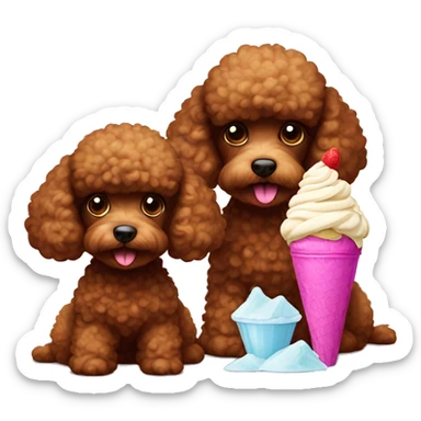 Two brown toy poodles. One is smaller than the other one. One is eating ice cream, the other one I watching sticker