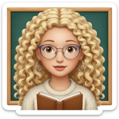cute white woman with VERY LONG blonde curly hair, brown eyes, full lips, natural clean girl makeup and hoop earrings and square glasses, studying sticker
