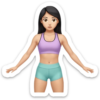 Athletic woman mid upper-body stretch, lean toned physique, defined legs and core, wearing a pastel sports bra and high-waisted patterned workout shorts, long black hair and olive skin hazel eyes, focused expression, natural lighting sticker