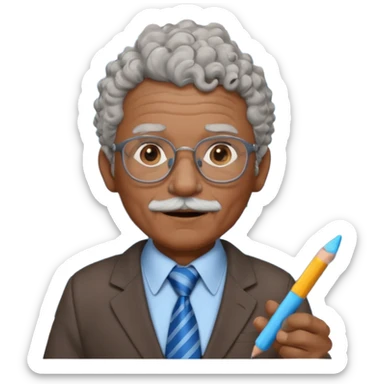 old man teacher, brown skin, curly grey white hai, wearing glasses, brown suit, blue tie hold chalk on hand sticker