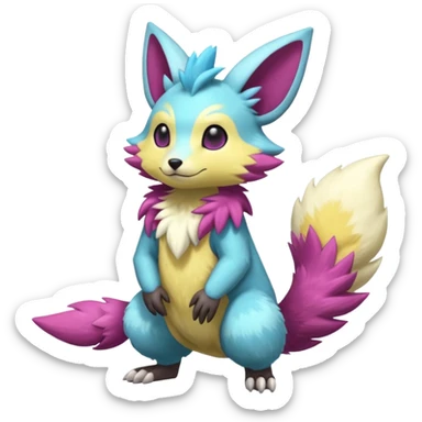Shiny smooth silky soft Cyan-Yellowish-Magenta Minccino-Zeraora-Emolga-Vernid-Sergal-fusion-hybrid-animal-creature, full body sticker