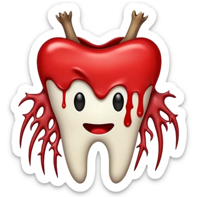 Minimalist emoji-style sticker of a pulled tooth with roots and a smear of blood at the base. Black and desaturated red colors. Flat, clean outline on white.
 sticker