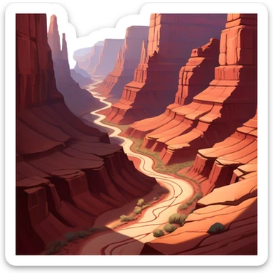 Cinematic Realistic Canyon Emoji, Vast and rugged, with deep red rock formations and winding paths leading down to a dry, dusty floor. Sunlight casts long shadows across the craggy surfaces, highlighting the layers of ancient rock. Soft glowing outline, capturing the essence of dramatic beauty and ancient history in a mighty canyon. sticker