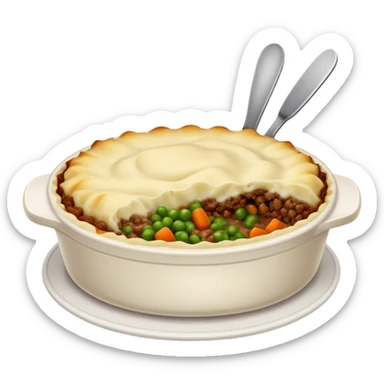Cinematic Realistic Shepherd's Pie Dish Emoji, depicted with rich, savory minced lamb and vegetable filling topped with creamy mashed potatoes, rendered with exquisite detail and natural warm lighting that highlights its homestyle appeal. sticker