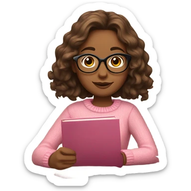 a girl with shoulder length and wavy brown hair, with glasses, studying at a desk. she is wearing a pink sweater  sticker