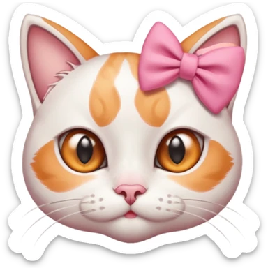 cute white and orange cat with big eyes and a pink bow on its ear, simplified and expressive sticker