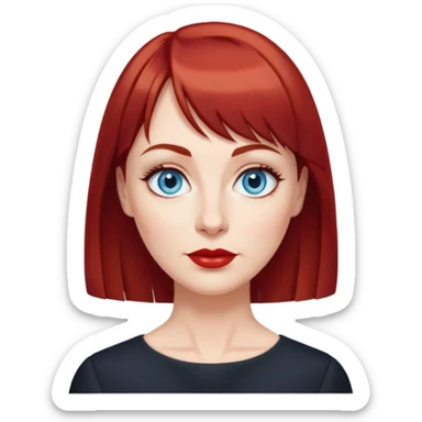 Middle-aged woman with fair skin, wider oval face, blue eyes, thin eyebrows, small nose, red lips, dark red hair with straight bangs, age-appropriate features, wearing a black blouse sticker