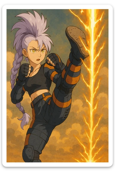 maiden, mohawk, long braid white hair with lavender and tips long messy bangs one side, gold yellow eyes, black crop top, with both fighting gloves up in defensive ready pose, delivering a lightning quick vertical upwards front kick with volcanic force, full defensive padding, TCTF operative, orange and dark dark blue + gray attire sticker