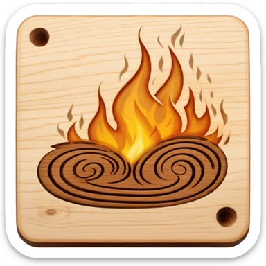 Pyrography icon, piece of wood with half-burned intricate patterns, pyrography tool emitting heat, visible burn marks and ongoing design process, smoke rising from the wood, wood texture, minimalistic style, clean lines, transparent background. sticker