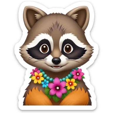 A playful raccoon wearing a hawaiian flower necklace, looking festive. sticker