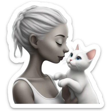 Photo realistic, alien female gray, kissing and embracing white cat, sticker