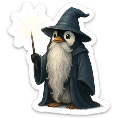 penguin wizard with a long beard, holding a glowing wand sticker
