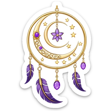 Epic beautiful gorgeous cute gold suncatcher, threads with shiny sparkly amethyst gemstones, flowers, crescents-moons, stars, violet Feather, gold feather sticker