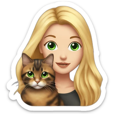 woman with green eyes and long straight blonde hair and big boobs is holding a very fluffy and fat tortoiseshell cat sticker