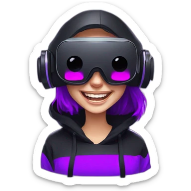 laughing Russian girl wearing black hoody with violet letters "OMG", in vr headset. Cyberpunk style. Violet neon. sticker