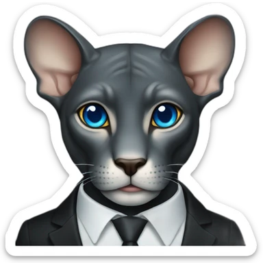dark grey sphinx with bright blue eyes wearing black suit, portrait sticker