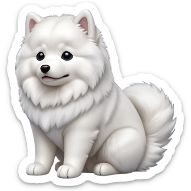 cinematic-[samoyed]-realistic-full-body-sitting-emoji,-tail-resting-loosely-beside-its-paws,-head-tilted-dramatically, -fluffy-[white]-fur,-simplified-yet-realistic-focused-features,-highly-detailed,-glowing-with-an-almost-sarcastic-glow sticker