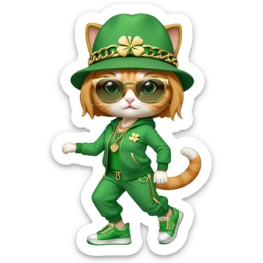 female cat wearing hip-hop Run DMC outfit with green tracksuit, fedora with shamrock, dark sunglasses, gold chains, bling accessories, St. Patrick's Day theme, break dancing sticker
