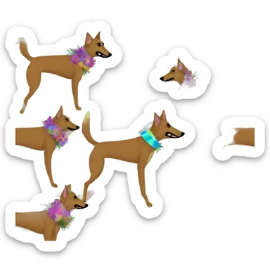 brindle brown black maroon striped lurcher Alsatian fox running blue eyes and iridescent holographic oilslick harness wearing paper iridescent tropical flower crown yellow caution tape sticker