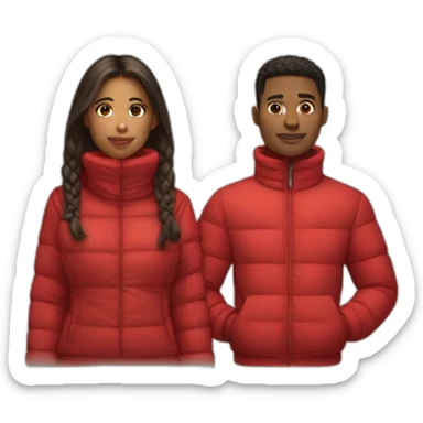 a girl with red turtle neck and a guy next to her with a puff jacket from their back sticker