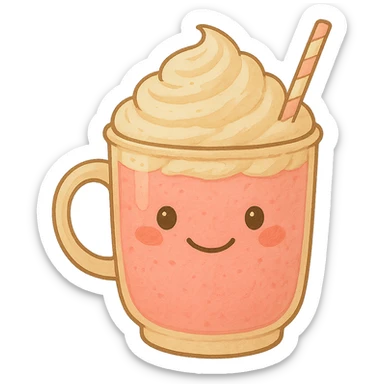 Remove the background, keep the pink mocha with whipped cream and a smiling face, cute and inviting in Ghibli style with no background. sticker