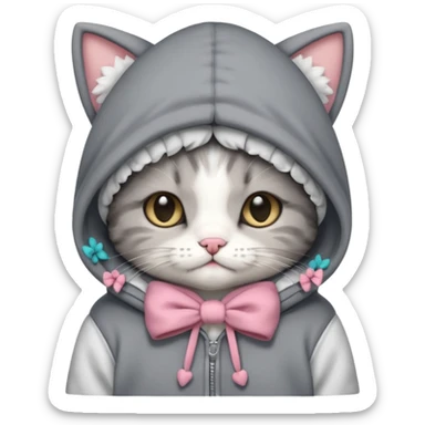 Sleepy kitten wearing a hoodie with bows sticker