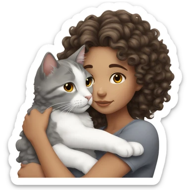 White Girl curly brunette hair cuddling with grey cat sticker