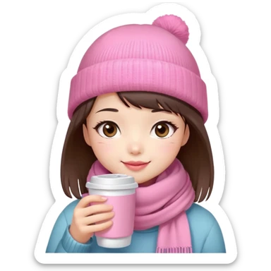 Cute East Asian girl, soft fair skin, big brown eyes, long lashes, natural pink lips, inward brown bob with straight bangs. Wearing pink beanie and scarf, rosy cheeks, shy smile, holding warm drink,  sticker