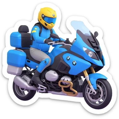 blue BMW RT1200 touring motorcycle with rider wearing helmet sticker