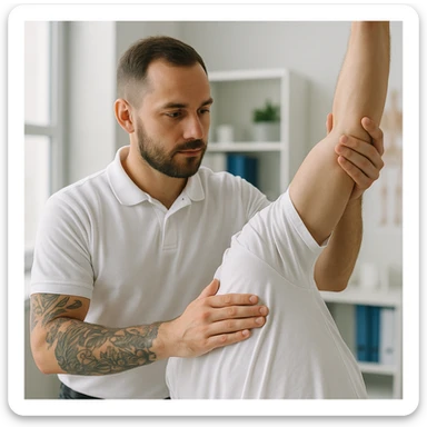 realistic kinesiologist wearing a white shirt with visible tattoos and a dark wristwatch, evaluating joint mobility of a patient wearing a white t-shirt in a clinical environment, realistic details, inspired by reference photo https://attic.sh/r66tucayi7ewfjges2vhulor9bux sticker