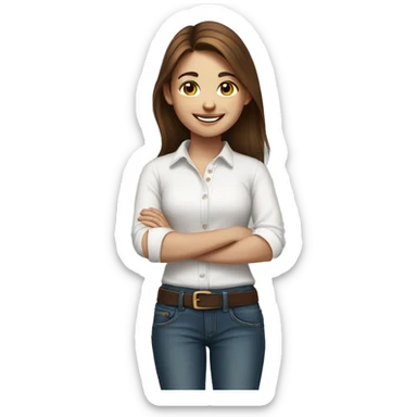 smiling girl portrait with brown hair with a jeans and White shirt  sticker