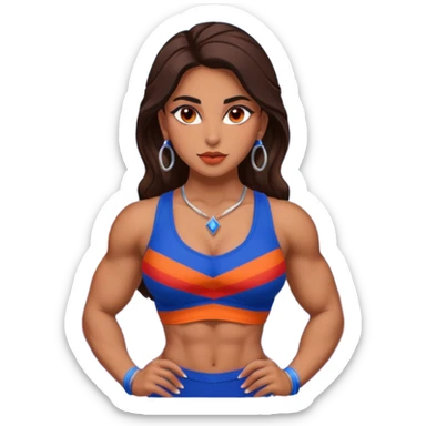 sexy and muscled, full body, brown skin Armenian caucasian girl, sexy Armenian girl, beautiful eyes, makeup, earrings, muscled, surrounded by mountains, red, blue and orange stripes, mountains around sticker