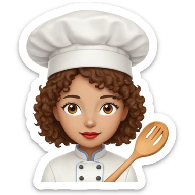 Mixed-race female chef with medium-length curly brown hair, wearing a chef's hat (toque), with both an angel halo and devil horns on her head sticker