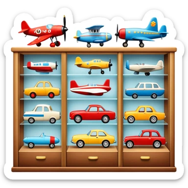 Icon for Toy Collecting: a collection of various vintage toys such as dolls, plush animals, tumblers, cars, planes, ships, action figures, displayed neatly on shelves or in display cases. The icon should evoke the joy and nostalgia of collecting toys. Transparent background. sticker