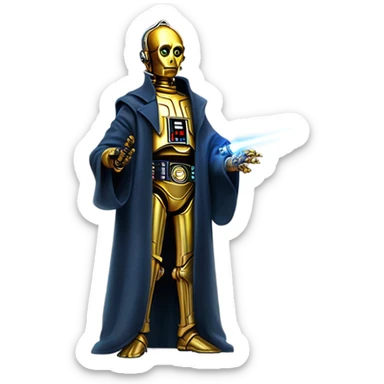 tarnished undercover tough well-equipped Jedi  life-sized darkblue-pearl C3po as a friendly droid wearing a leather clothing old west duster coat holding light saber  sticker