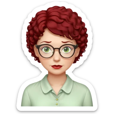 create an emoji of an adult woman with wrinkles and glasses, she has extremely short curly dark red hair, green eyes and a pale white vintage blouse sticker